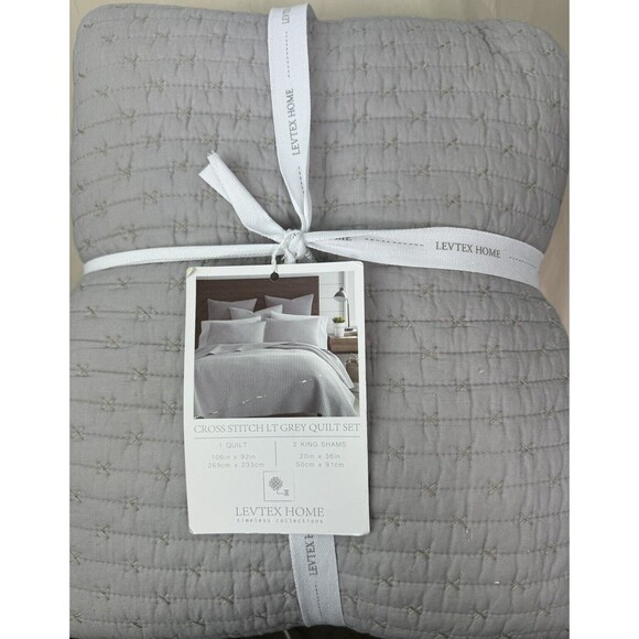 Levtex Home Cross Stitch 3 Piece Gray King Quilt Set NWT - Picture 7 of 9